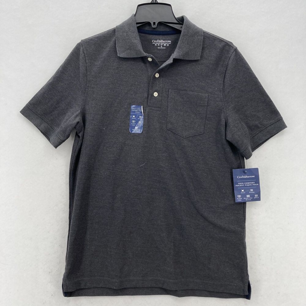Croft & Barrow True Comfort Pocket Pique Polo Mens Small Dark Gray Wicking‎ NWT